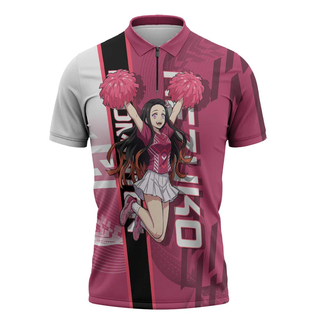 Personalized Nezuko Kamado Demon Slayer Badminton Cheerleader Zipper Polo Shirt with Pom Poms and Pink White Graphic Design - The Mazicc