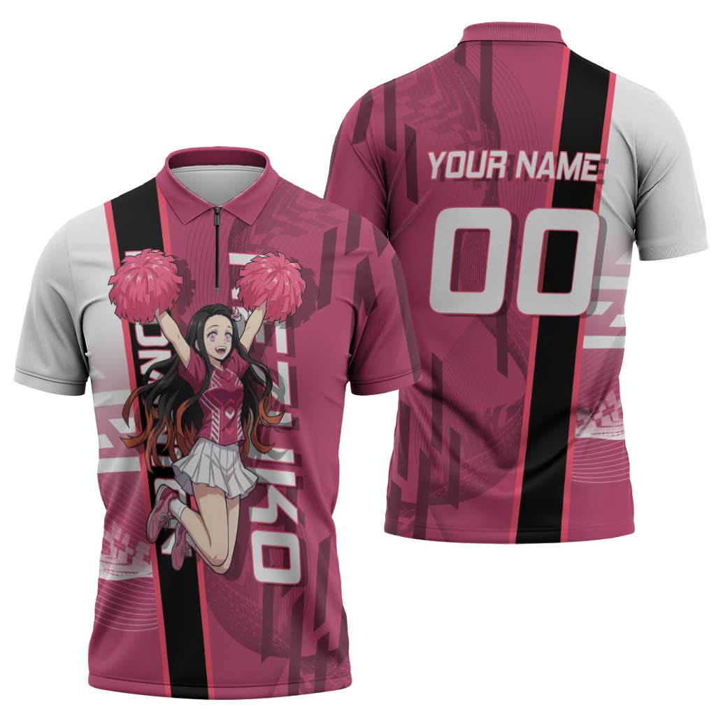 Personalized Nezuko Kamado Demon Slayer Badminton Cheerleader Zipper Polo Shirt with Pom Poms and Pink White Graphic Design - The Mazicc