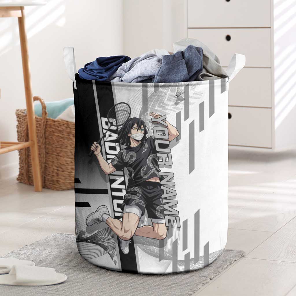 Personalized Obanai Iguro Demon Slayer Badminton Laundry Basket with Racket Action Pose and Black White Graphic Design - The Mazicc