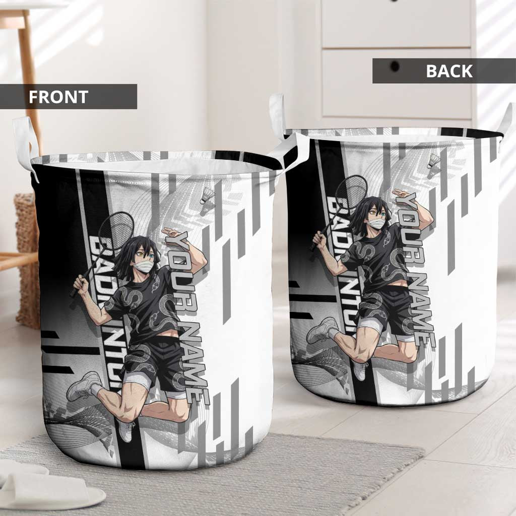 Personalized Obanai Iguro Demon Slayer Badminton Laundry Basket with Racket Action Pose and Black White Graphic Design - The Mazicc