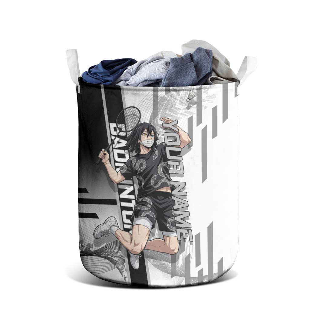 Personalized Obanai Iguro Demon Slayer Badminton Laundry Basket with Racket Action Pose and Black White Graphic Design - The Mazicc
