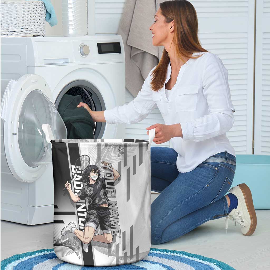 Personalized Obanai Iguro Demon Slayer Badminton Laundry Basket with Racket Action Pose and Black White Graphic Design - The Mazicc
