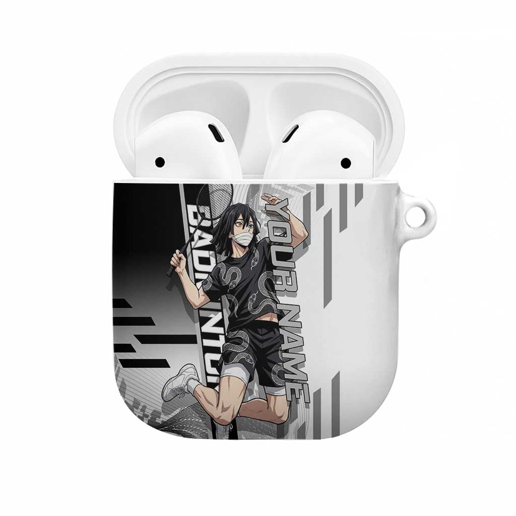 Personalized Obanai Iguro Demon Slayer Badminton AirPods Case with Racket Action Pose and Black White Graphic Design - The Mazicc