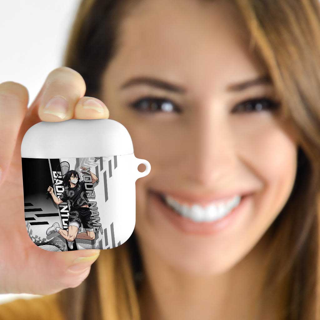 Personalized Obanai Iguro Demon Slayer Badminton AirPods Case with Racket Action Pose and Black White Graphic Design - The Mazicc