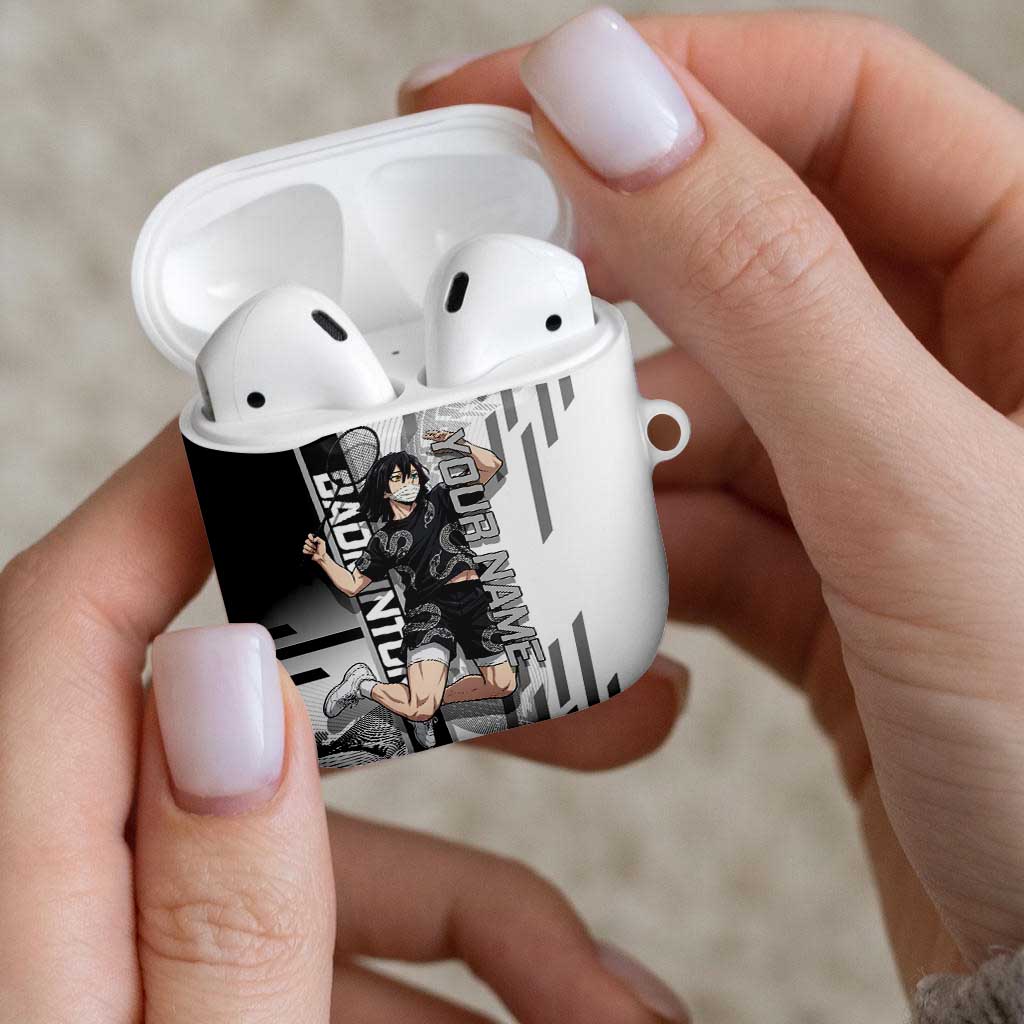 Personalized Obanai Iguro Demon Slayer Badminton AirPods Case with Racket Action Pose and Black White Graphic Design - The Mazicc