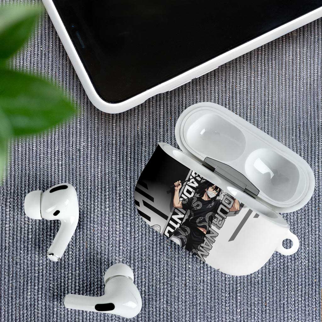 Personalized Obanai Iguro Demon Slayer Badminton AirPods Case with Racket Action Pose and Black White Graphic Design - The Mazicc