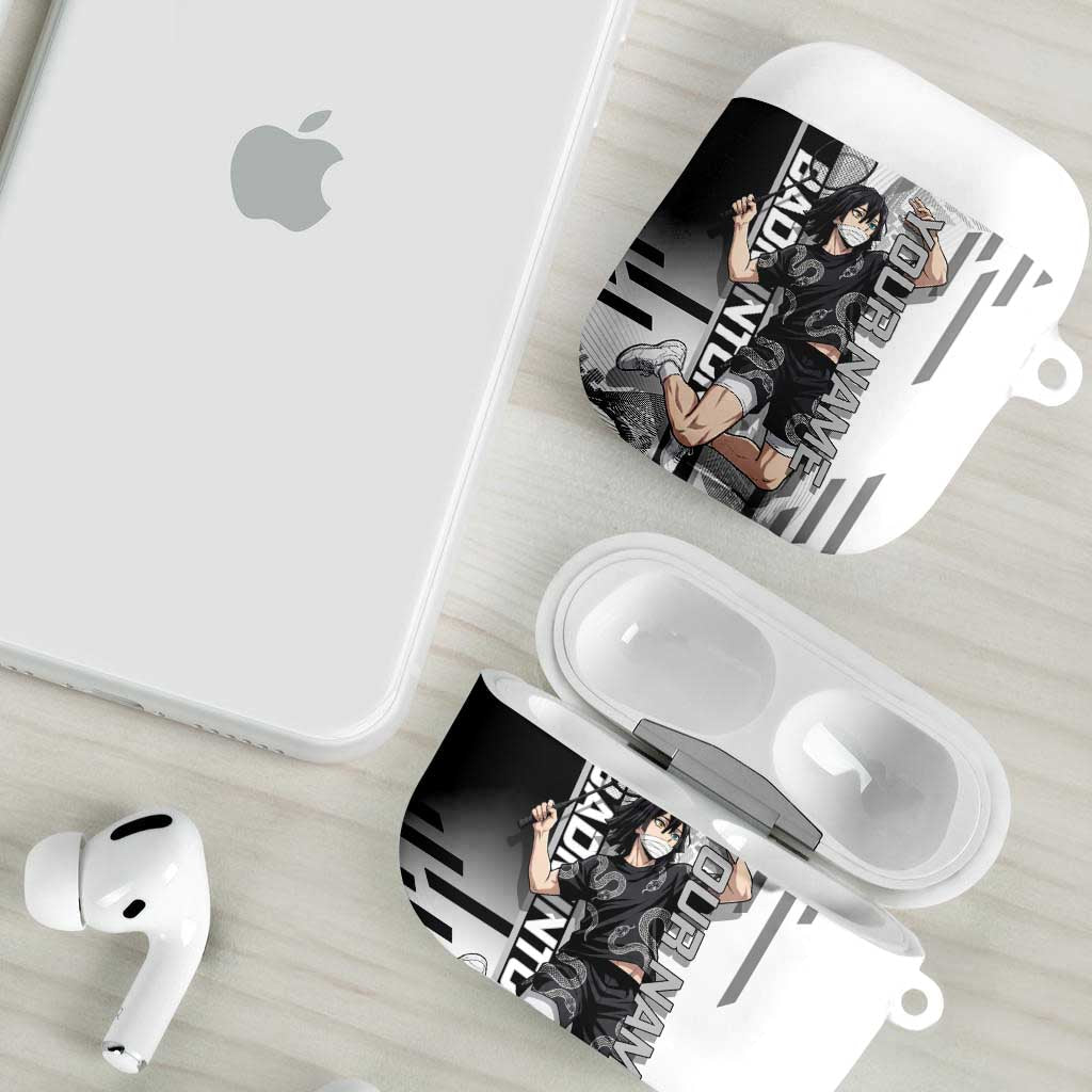 Personalized Obanai Iguro Demon Slayer Badminton AirPods Case with Racket Action Pose and Black White Graphic Design - The Mazicc
