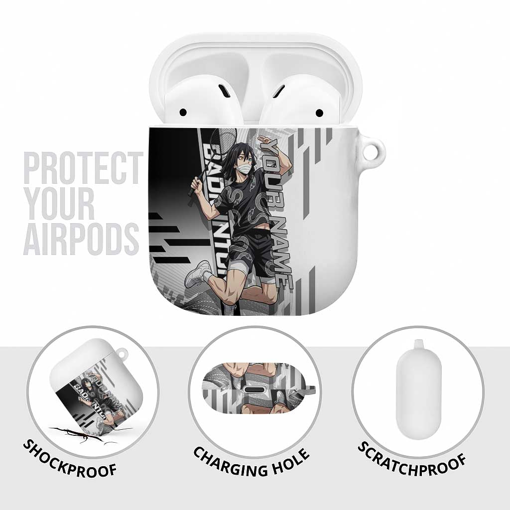 Personalized Obanai Iguro Demon Slayer Badminton AirPods Case with Racket Action Pose and Black White Graphic Design - The Mazicc
