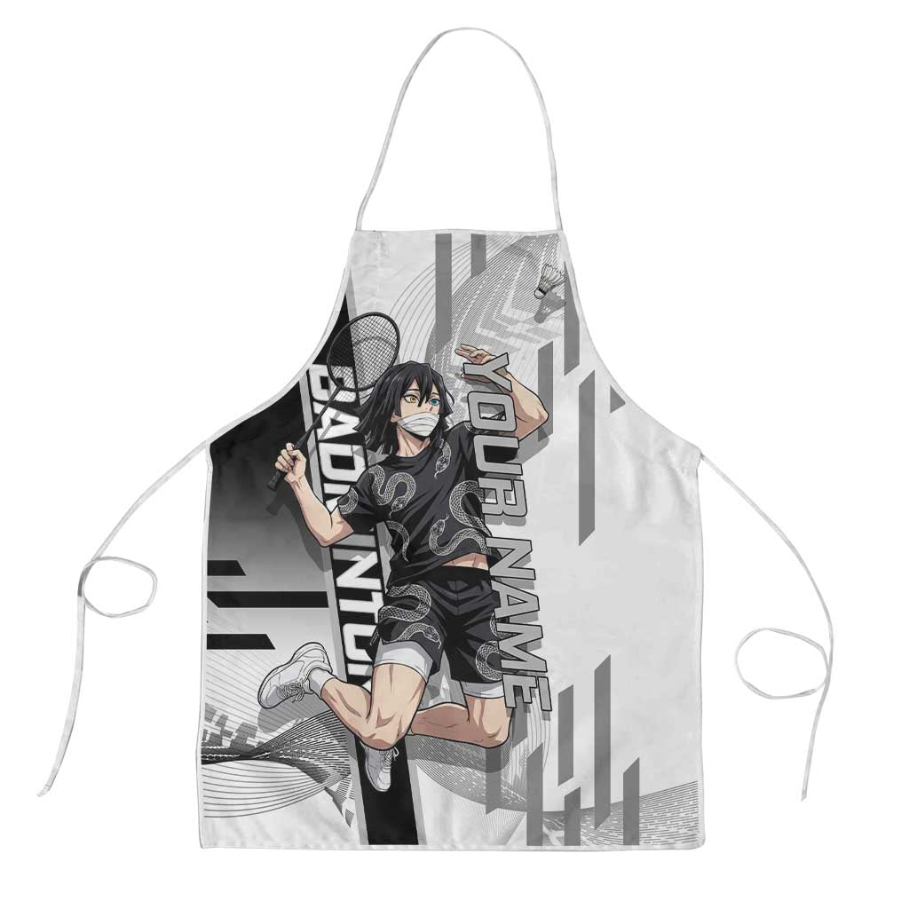 Personalized Obanai Iguro Demon Slayer Badminton Apron with Racket Action Pose and Black White Graphic Design - The Mazicc