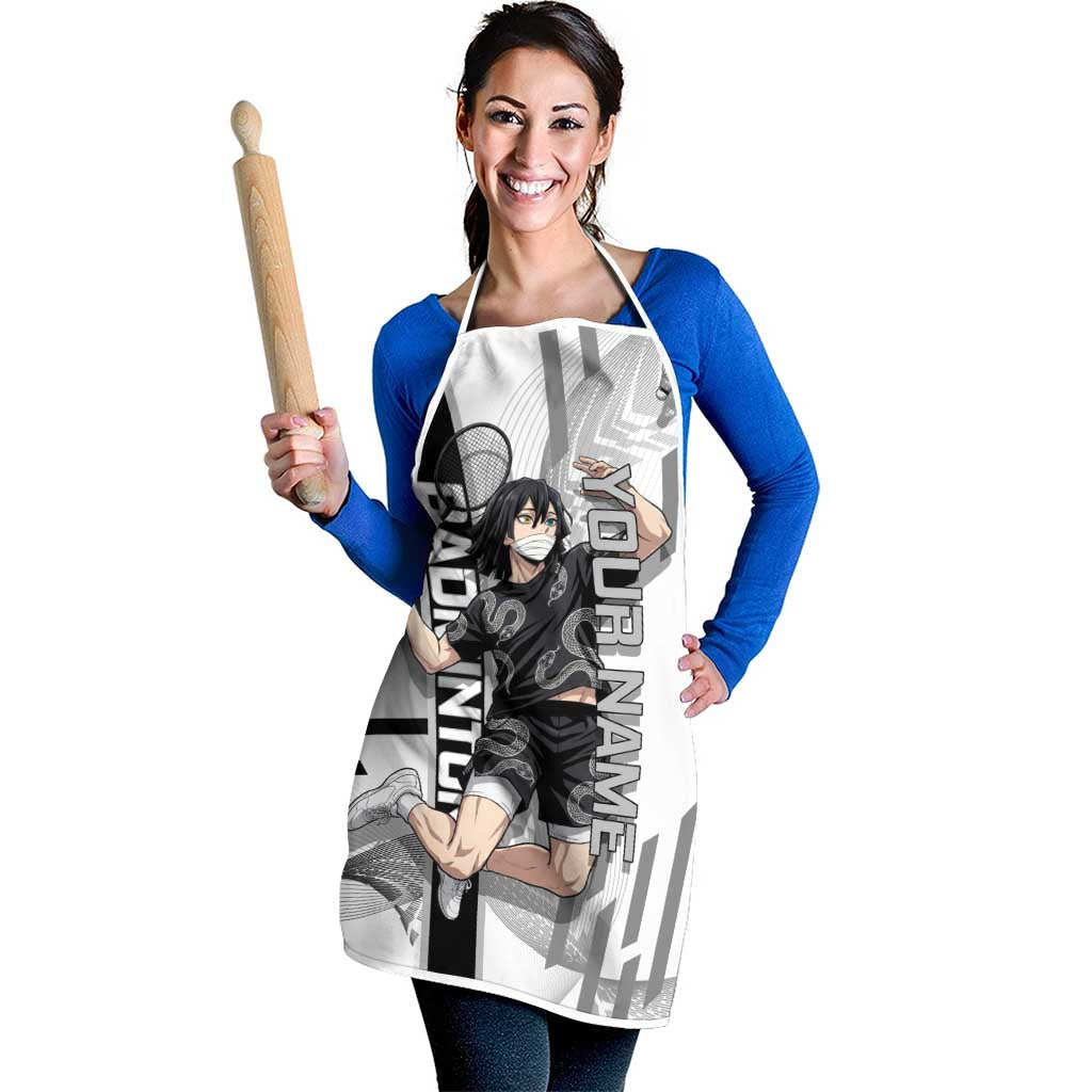 Personalized Obanai Iguro Demon Slayer Badminton Apron with Racket Action Pose and Black White Graphic Design - The Mazicc