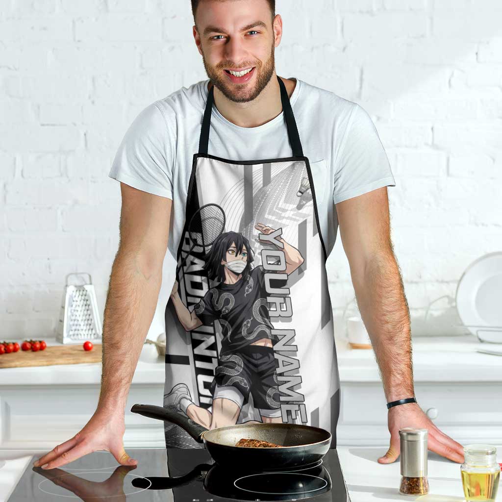 Personalized Obanai Iguro Demon Slayer Badminton Apron with Racket Action Pose and Black White Graphic Design - The Mazicc