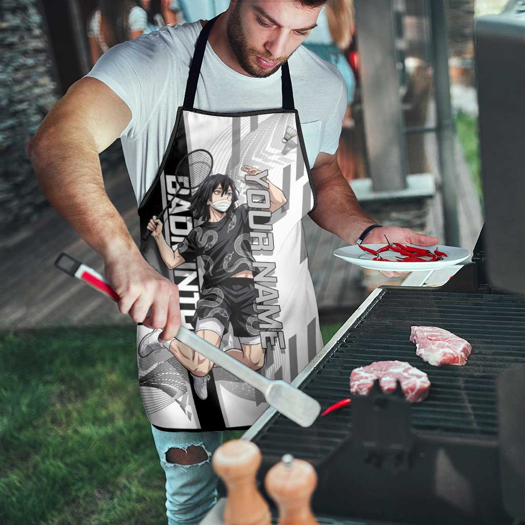 Personalized Obanai Iguro Demon Slayer Badminton Apron with Racket Action Pose and Black White Graphic Design - The Mazicc