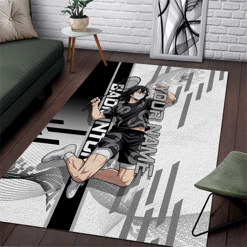 Personalized Obanai Iguro Demon Slayer Badminton Area Rug with Racket Action Pose and Black White Graphic Design - The Mazicc