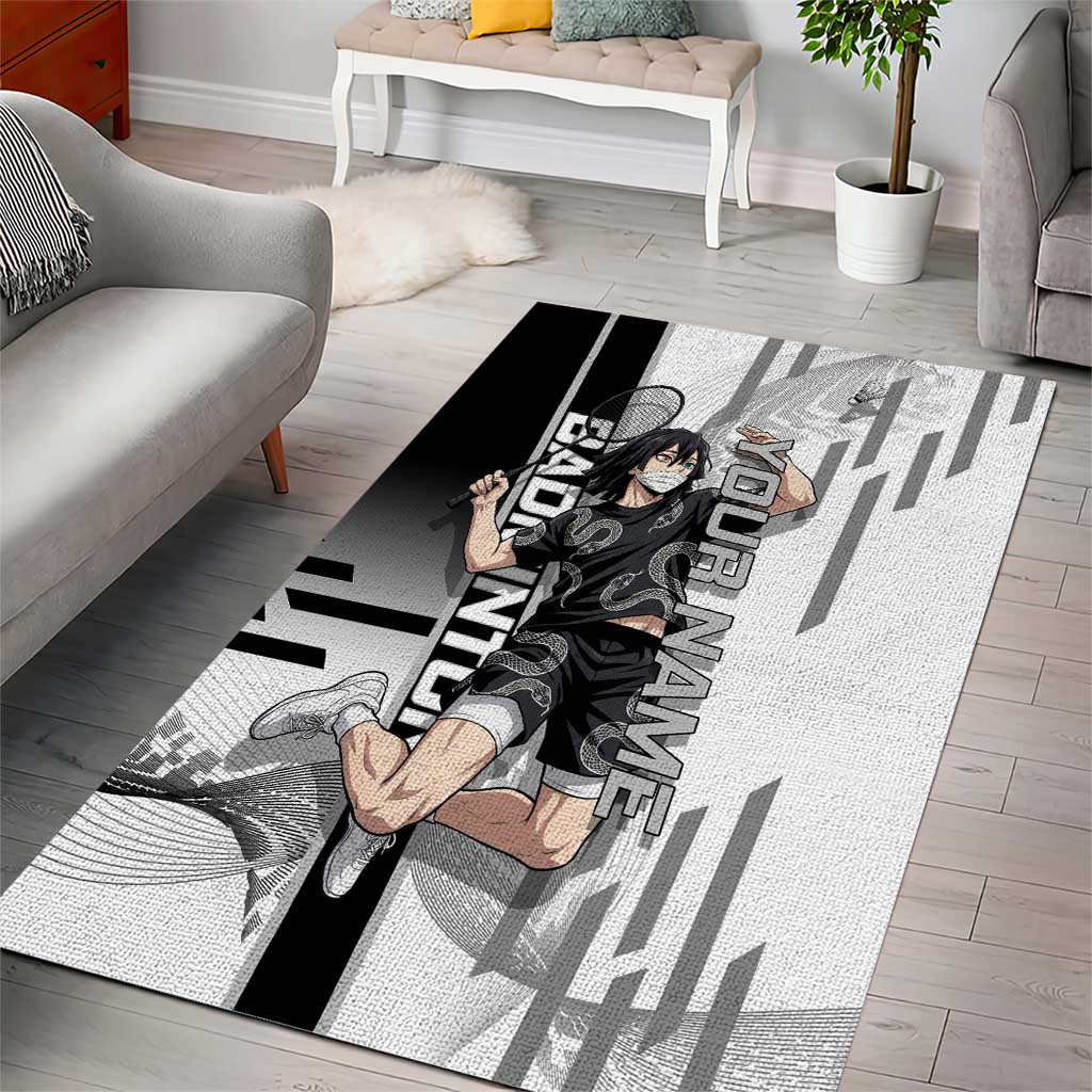 Personalized Obanai Iguro Demon Slayer Badminton Area Rug with Racket Action Pose and Black White Graphic Design - The Mazicc
