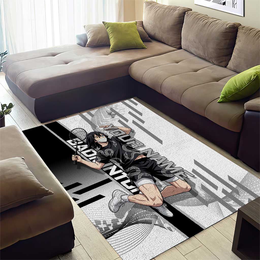 Personalized Obanai Iguro Demon Slayer Badminton Area Rug with Racket Action Pose and Black White Graphic Design - The Mazicc