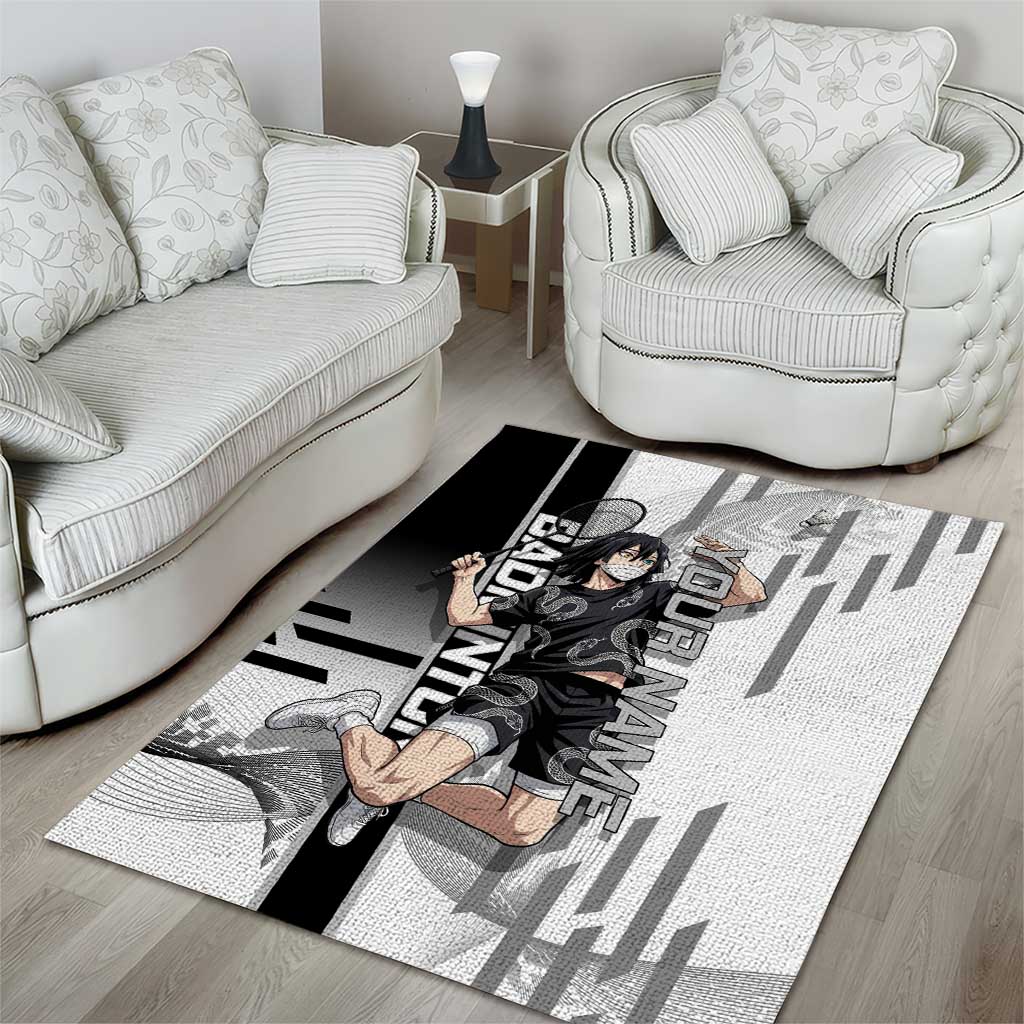 Personalized Obanai Iguro Demon Slayer Badminton Area Rug with Racket Action Pose and Black White Graphic Design - The Mazicc