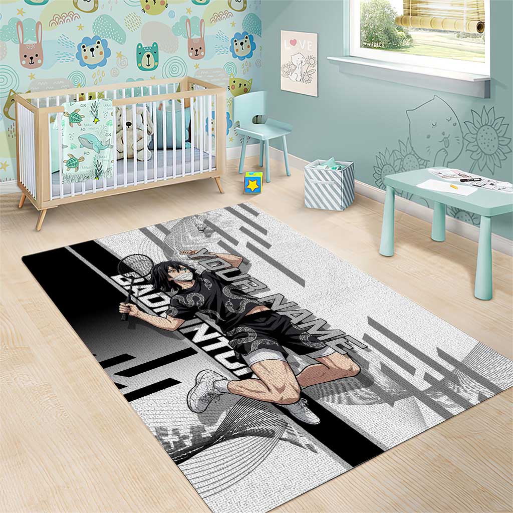 Personalized Obanai Iguro Demon Slayer Badminton Area Rug with Racket Action Pose and Black White Graphic Design - The Mazicc
