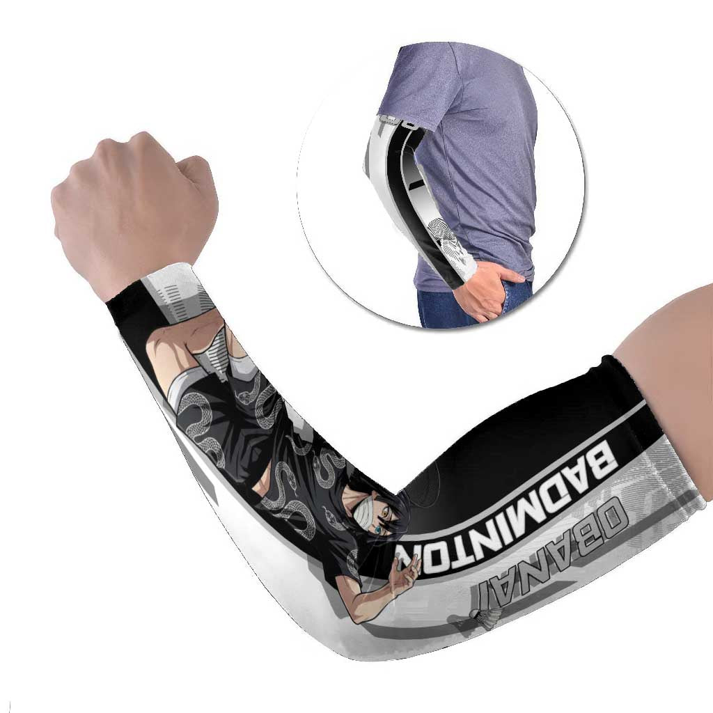 Personalized Obanai Iguro Demon Slayer Badminton Arm Sleeves with Racket Action Pose and Black White Graphic Design - The Mazicc