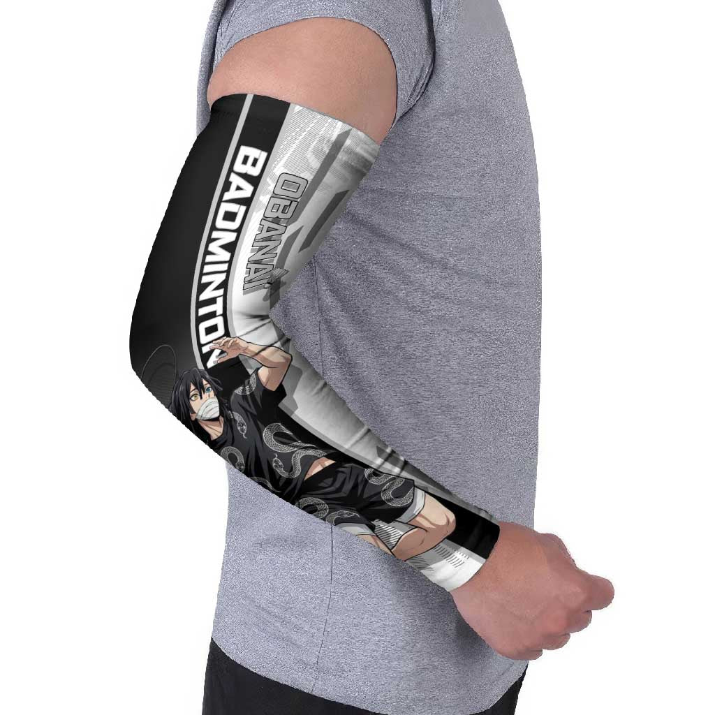 Personalized Obanai Iguro Demon Slayer Badminton Arm Sleeves with Racket Action Pose and Black White Graphic Design - The Mazicc