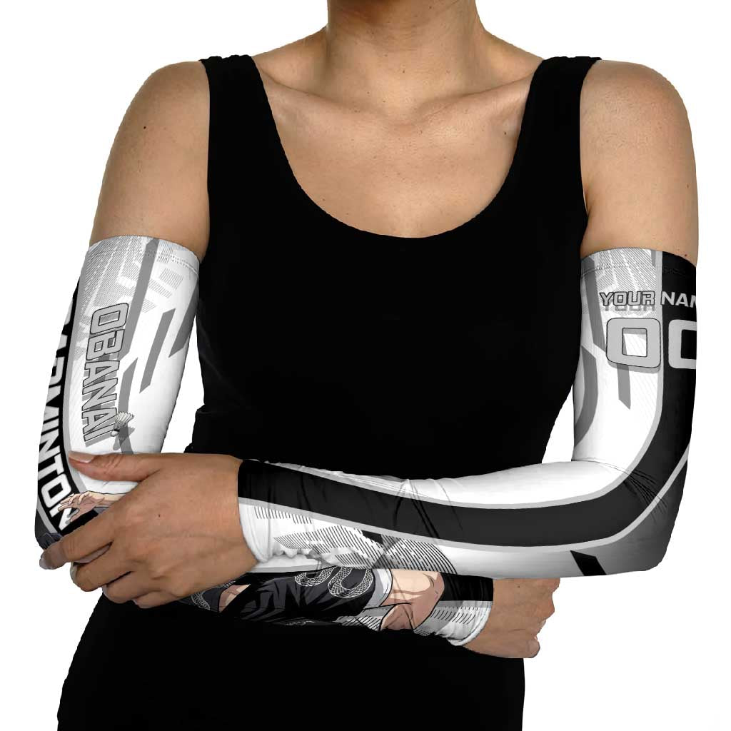 Personalized Obanai Iguro Demon Slayer Badminton Arm Sleeves with Racket Action Pose and Black White Graphic Design - The Mazicc