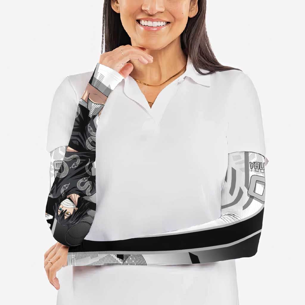Personalized Obanai Iguro Demon Slayer Badminton Arm Sleeves with Racket Action Pose and Black White Graphic Design - The Mazicc