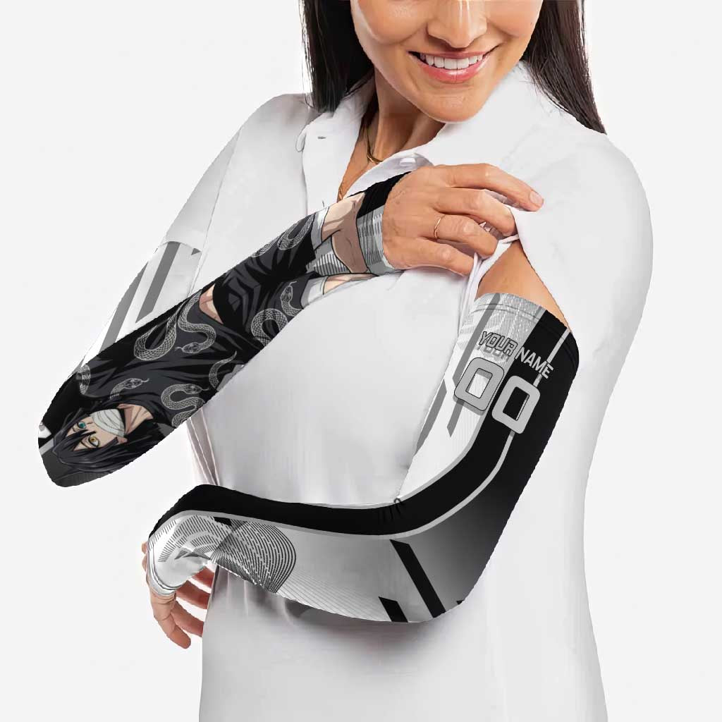 Personalized Obanai Iguro Demon Slayer Badminton Arm Sleeves with Racket Action Pose and Black White Graphic Design - The Mazicc