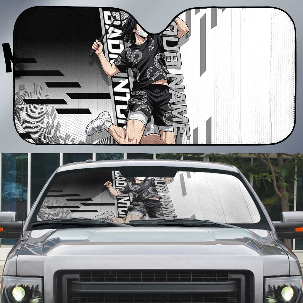 Personalized Obanai Iguro Demon Slayer Badminton Auto Sun Shade with Racket Action Pose and Black White Graphic Design - The Mazicc