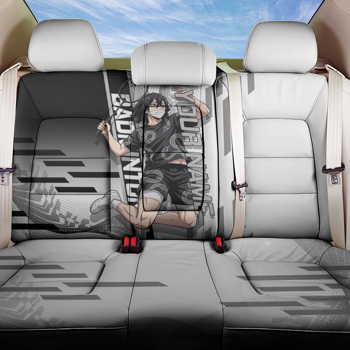 Personalized Obanai Iguro Demon Slayer Badminton Back Car Seat Cover with Racket Action Pose and Black White Graphic Design - The Mazicc