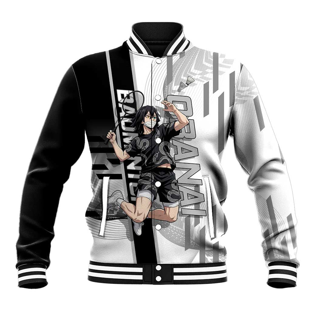 Personalized Obanai Iguro Demon Slayer Badminton Baseball Jacket with Racket Action Pose and Black White Graphic Design - The Mazicc