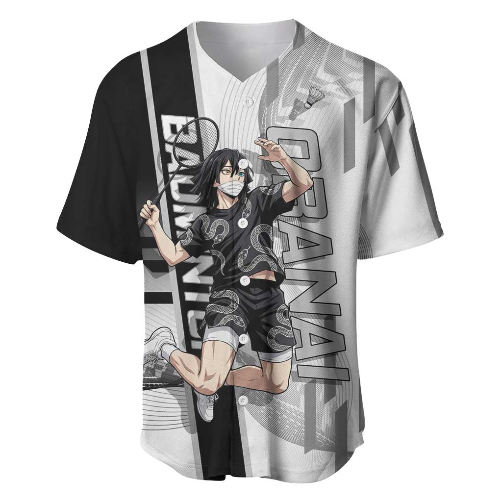 Personalized Obanai Iguro Demon Slayer Badminton Baseball Jersey with Racket Action Pose and Black White Graphic Design - The Mazicc