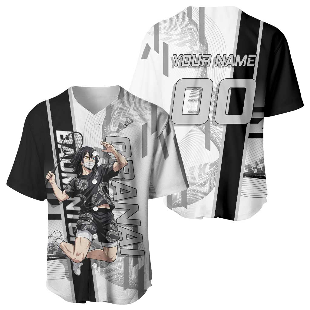 Personalized Obanai Iguro Demon Slayer Badminton Baseball Jersey with Racket Action Pose and Black White Graphic Design - The Mazicc