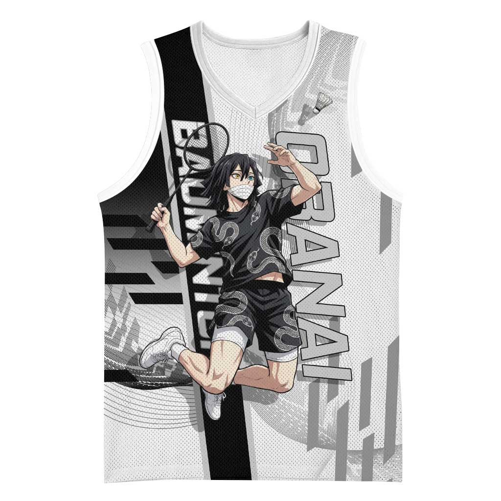 Personalized Obanai Iguro Demon Slayer Badminton Basketball Jersey with Racket Action Pose and Black White Graphic Design - The Mazicc
