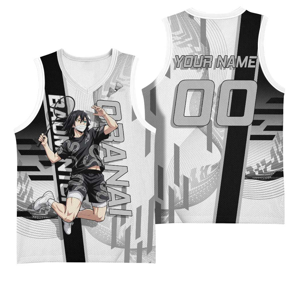 Personalized Obanai Iguro Demon Slayer Badminton Basketball Jersey with Racket Action Pose and Black White Graphic Design - The Mazicc