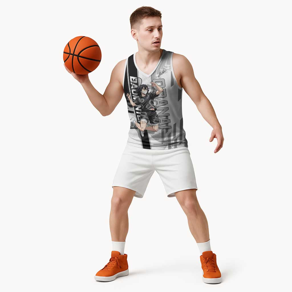 Personalized Obanai Iguro Demon Slayer Badminton Basketball Jersey with Racket Action Pose and Black White Graphic Design - The Mazicc