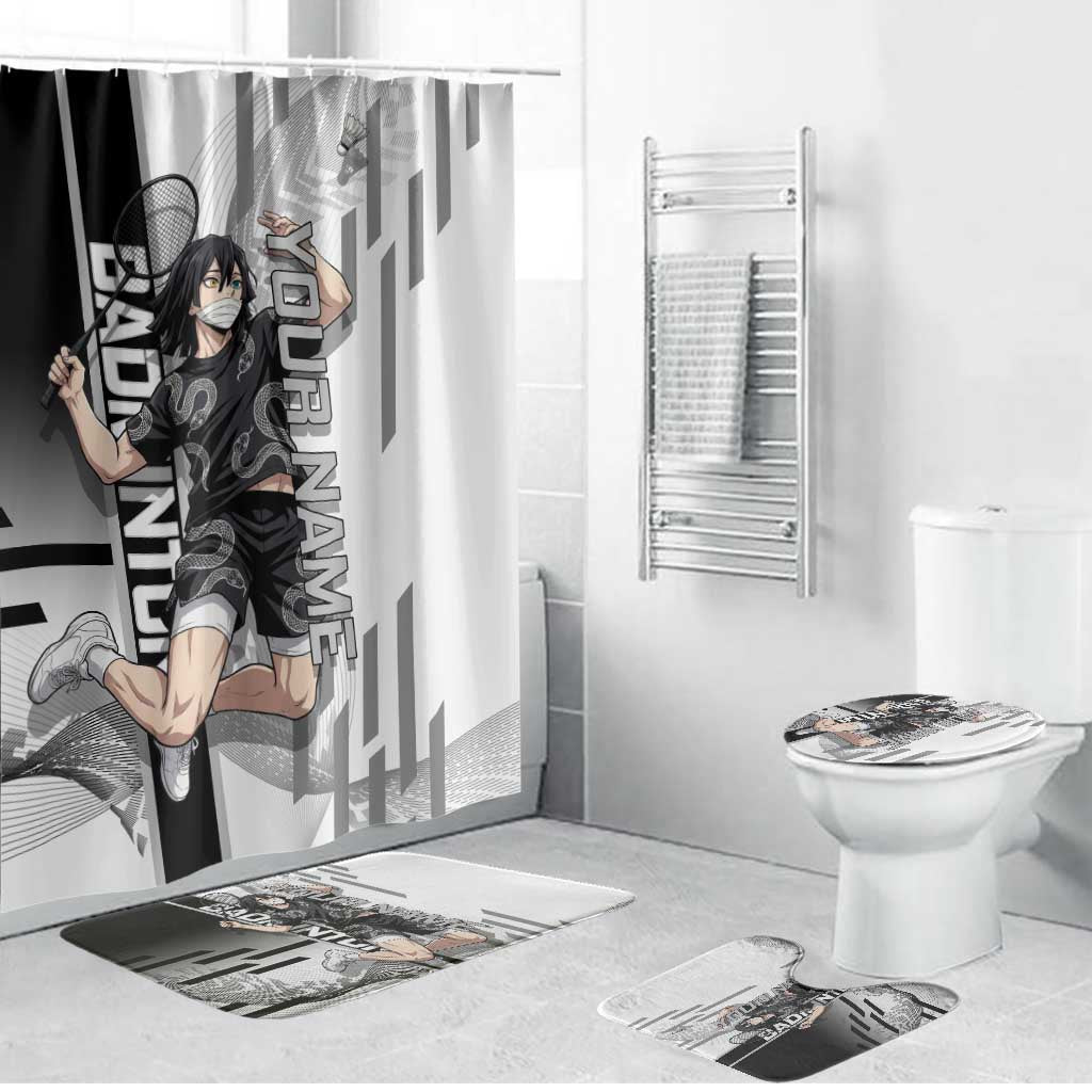 Personalized Obanai Iguro Demon Slayer Badminton Bathroom Set with Racket Action Pose and Black White Graphic Design - The Mazicc