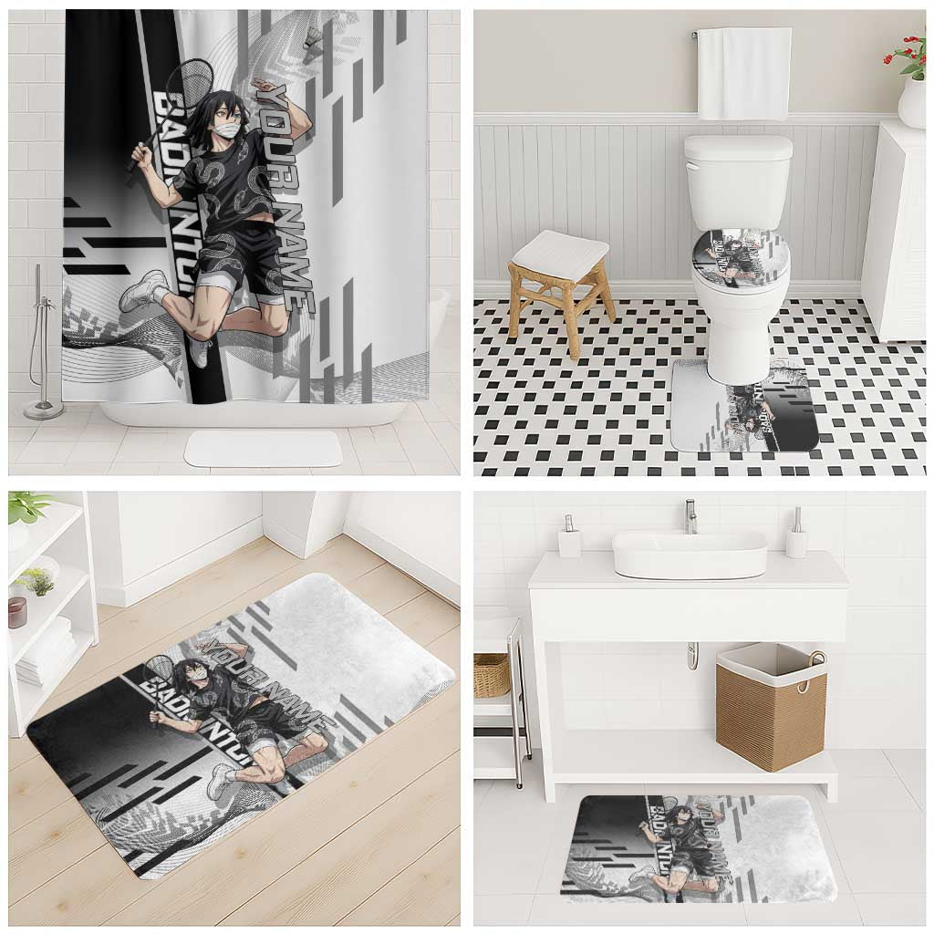 Personalized Obanai Iguro Demon Slayer Badminton Bathroom Set with Racket Action Pose and Black White Graphic Design - The Mazicc
