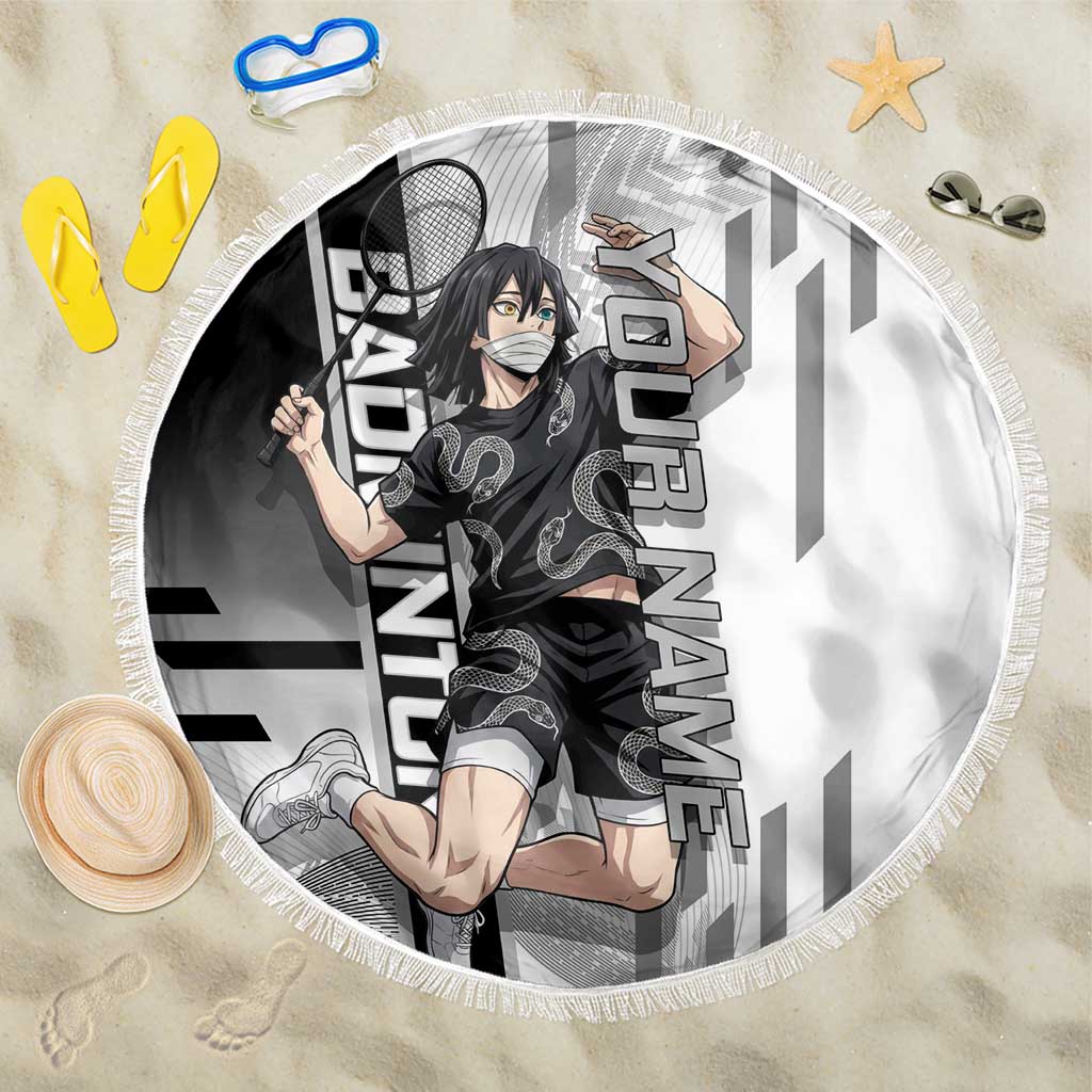 Personalized Obanai Iguro Demon Slayer Badminton Beach Blanket with Racket Action Pose and Black White Graphic Design - The Mazicc