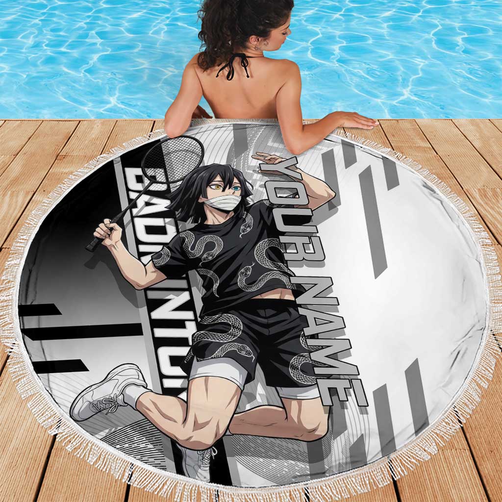 Personalized Obanai Iguro Demon Slayer Badminton Beach Blanket with Racket Action Pose and Black White Graphic Design - The Mazicc