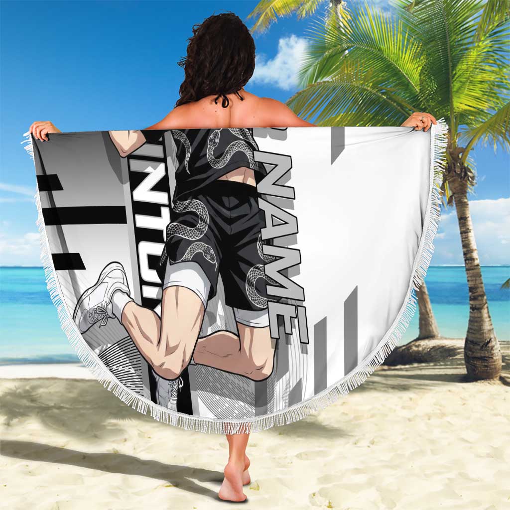 Personalized Obanai Iguro Demon Slayer Badminton Beach Blanket with Racket Action Pose and Black White Graphic Design - The Mazicc