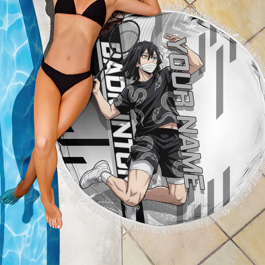 Personalized Obanai Iguro Demon Slayer Badminton Beach Blanket with Racket Action Pose and Black White Graphic Design - The Mazicc