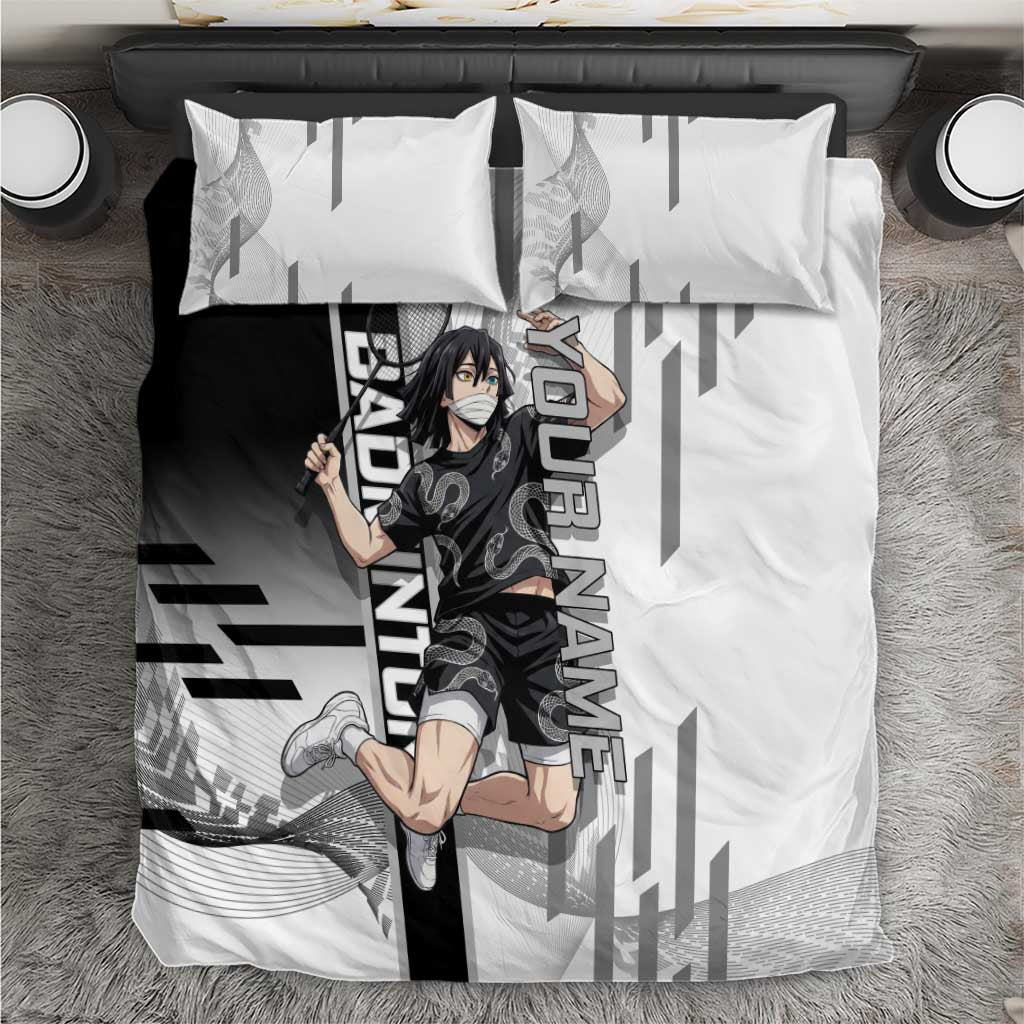 Personalized Obanai Iguro Demon Slayer Badminton Bedding Set with Racket Action Pose and Black White Graphic Design - The Mazicc