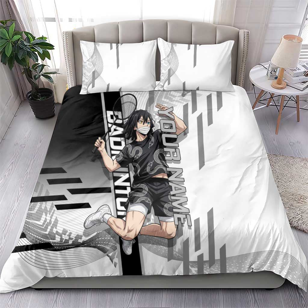 Personalized Obanai Iguro Demon Slayer Badminton Bedding Set with Racket Action Pose and Black White Graphic Design - The Mazicc