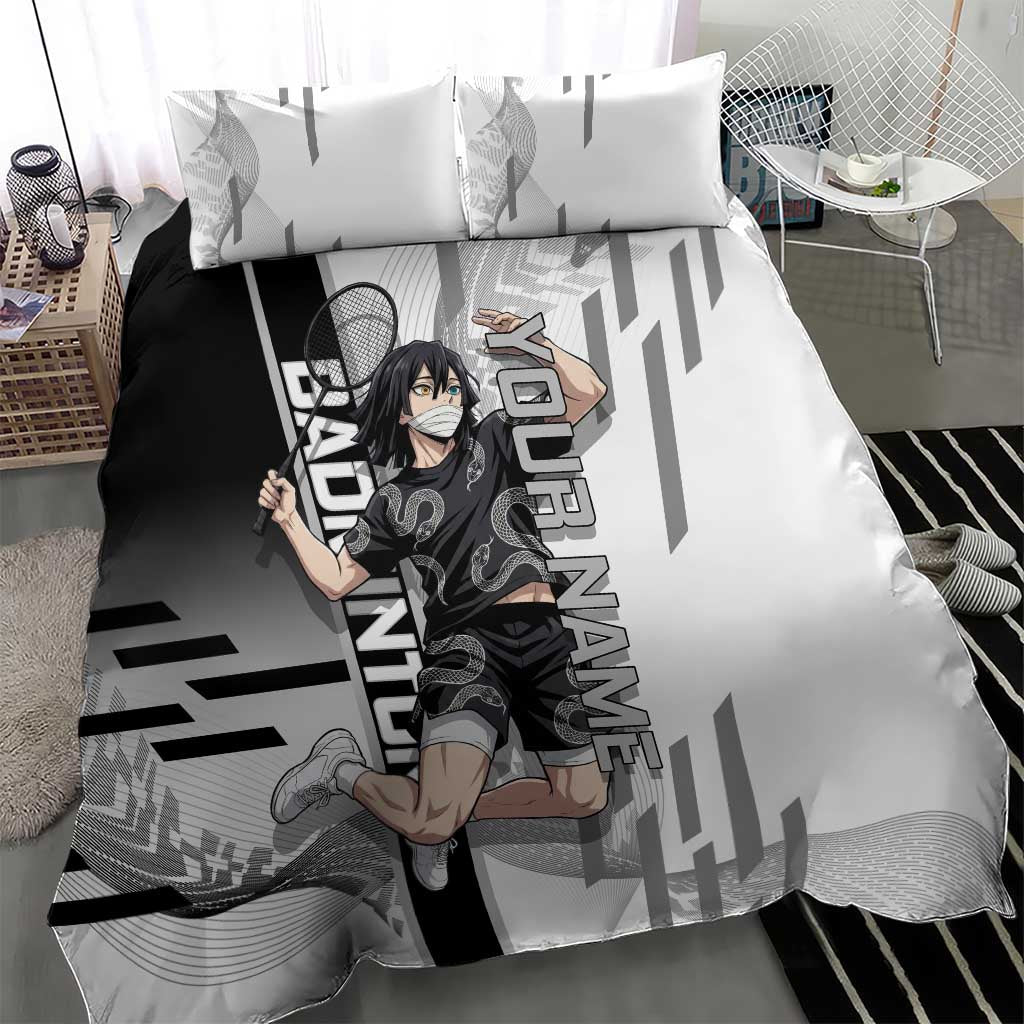 Personalized Obanai Iguro Demon Slayer Badminton Bedding Set with Racket Action Pose and Black White Graphic Design - The Mazicc