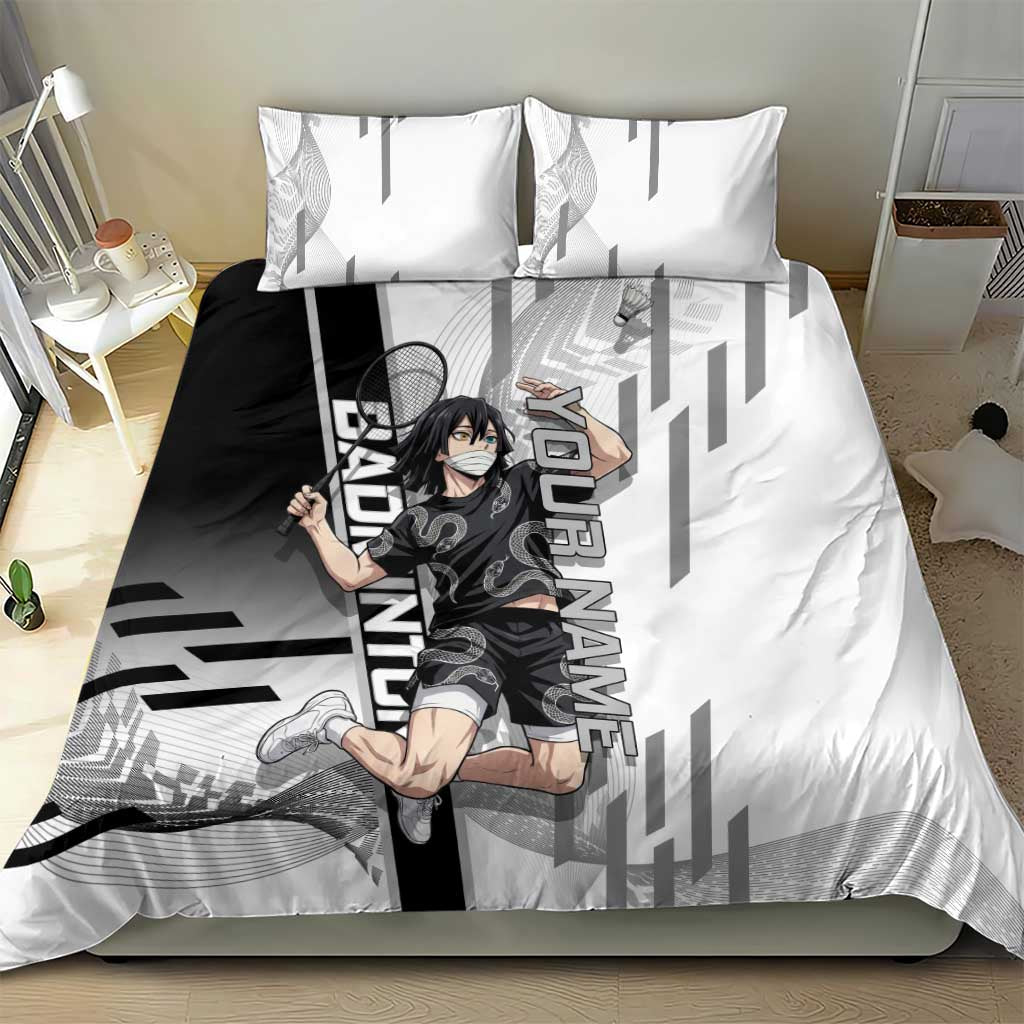 Personalized Obanai Iguro Demon Slayer Badminton Bedding Set with Racket Action Pose and Black White Graphic Design - The Mazicc