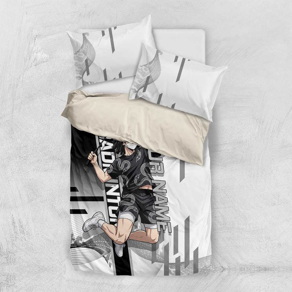 Personalized Obanai Iguro Demon Slayer Badminton Bedding Set with Racket Action Pose and Black White Graphic Design - The Mazicc