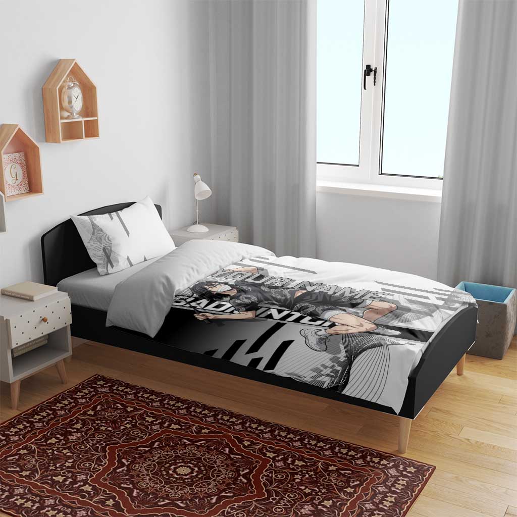 Personalized Obanai Iguro Demon Slayer Badminton Bedding Set with Racket Action Pose and Black White Graphic Design - The Mazicc