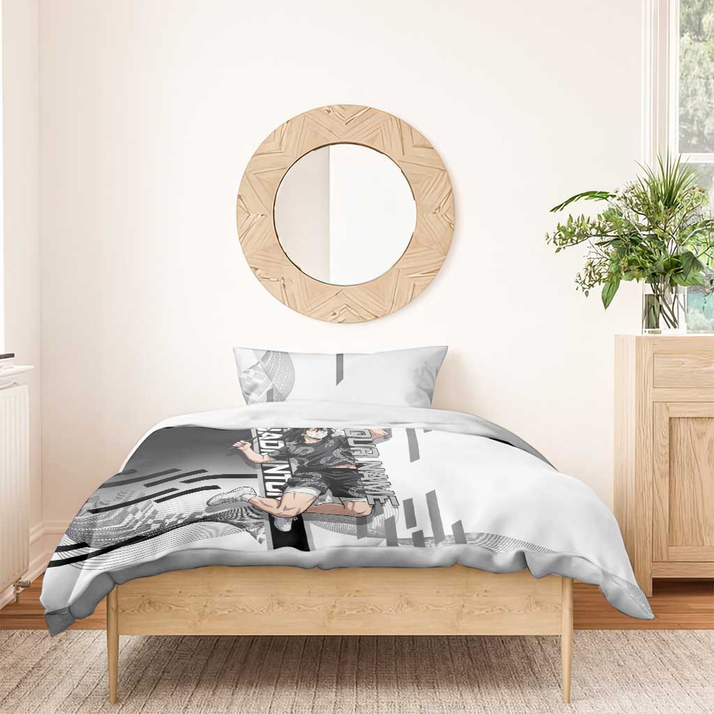 Personalized Obanai Iguro Demon Slayer Badminton Bedding Set with Racket Action Pose and Black White Graphic Design - The Mazicc
