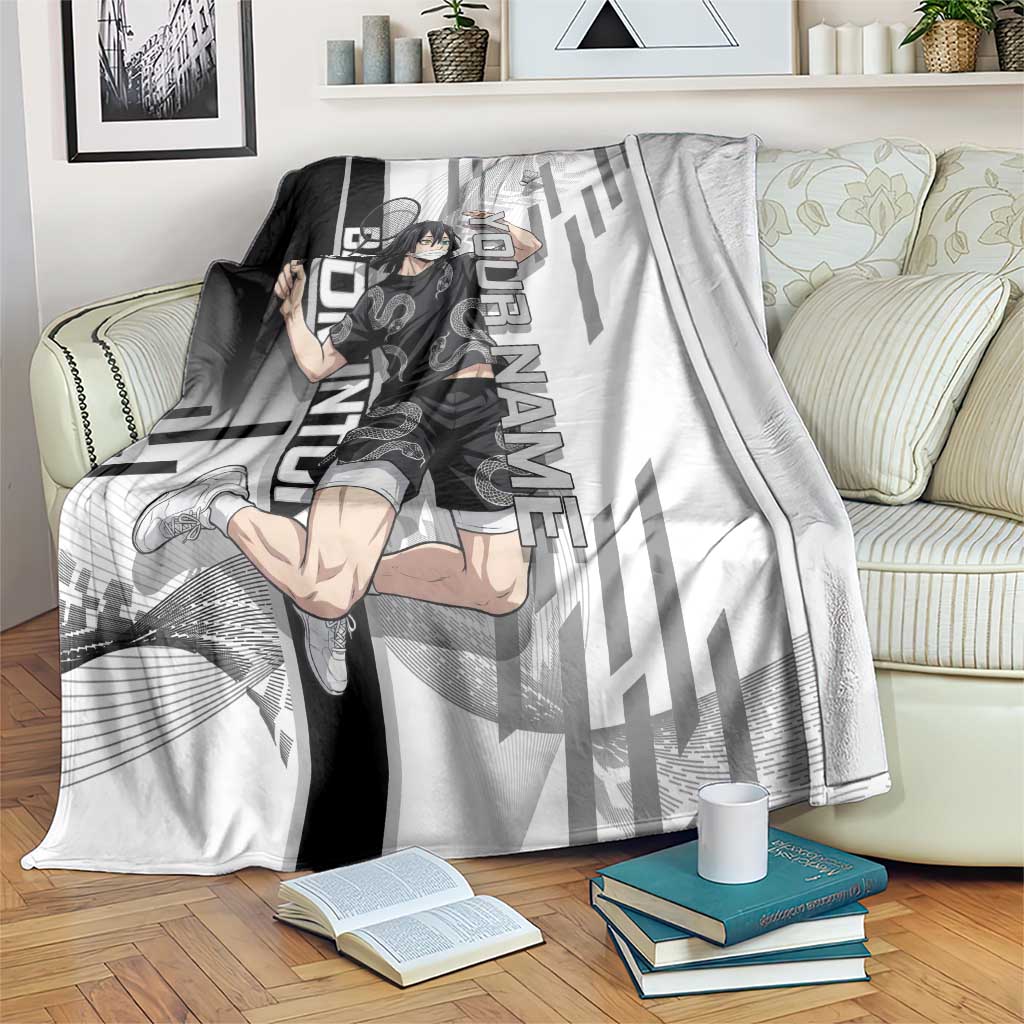 Personalized Obanai Iguro Demon Slayer Badminton Blanket with Racket Action Pose and Black White Graphic Design - The Mazicc