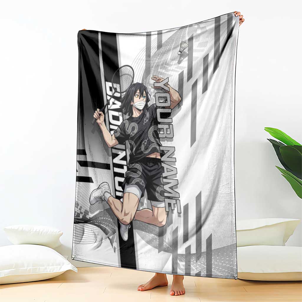 Personalized Obanai Iguro Demon Slayer Badminton Blanket with Racket Action Pose and Black White Graphic Design - The Mazicc