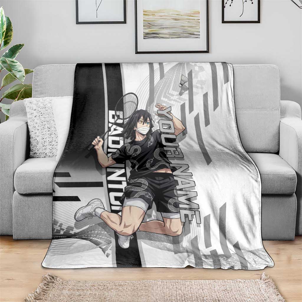 Personalized Obanai Iguro Demon Slayer Badminton Blanket with Racket Action Pose and Black White Graphic Design - The Mazicc